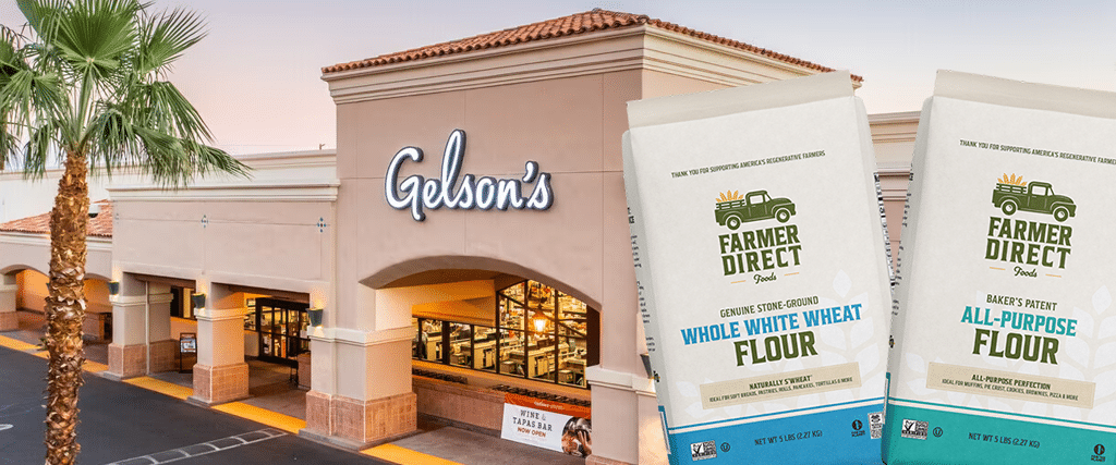 Farmer Direct Foods flour bags in front of Gelson's Markets storefront